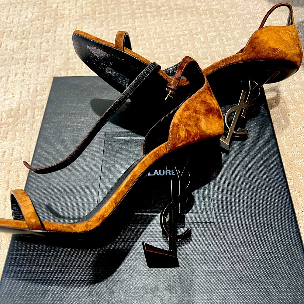 Yves Saint Laurent Brown Suede Opyum Logo Heel Sandals